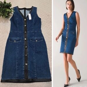White House Black Market Denim V-Neck Faux Leather Sleeveless Sheath Dress, 2